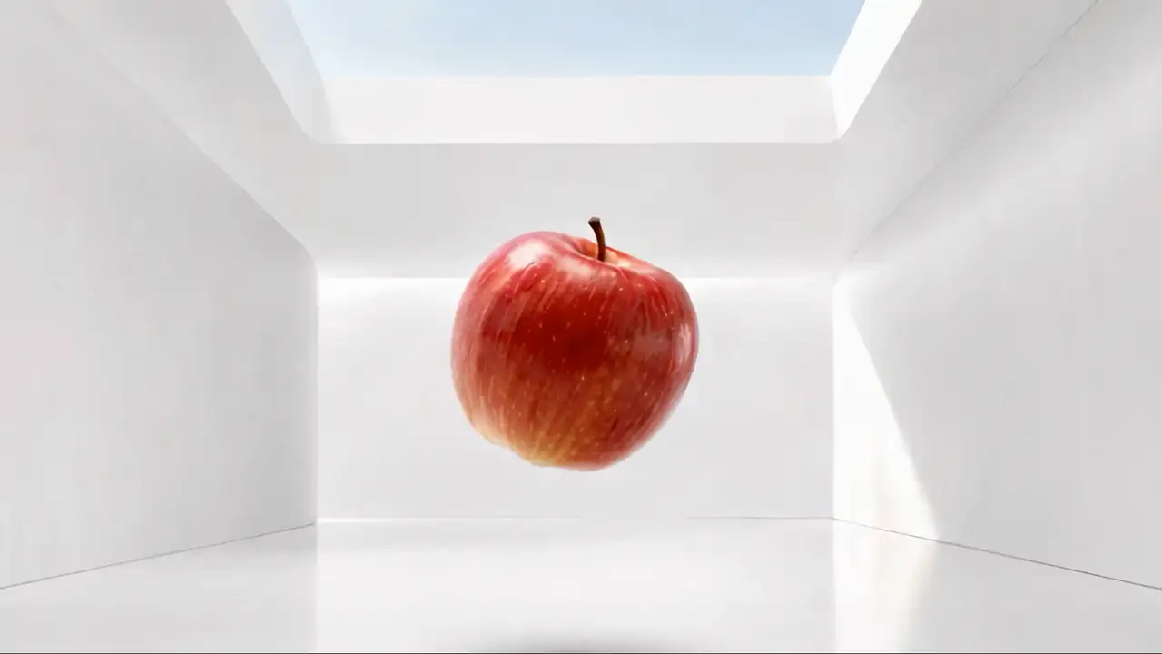 Ein Apfel schwebt in einem weißen Raum, von links nähert sich ein Projektil.